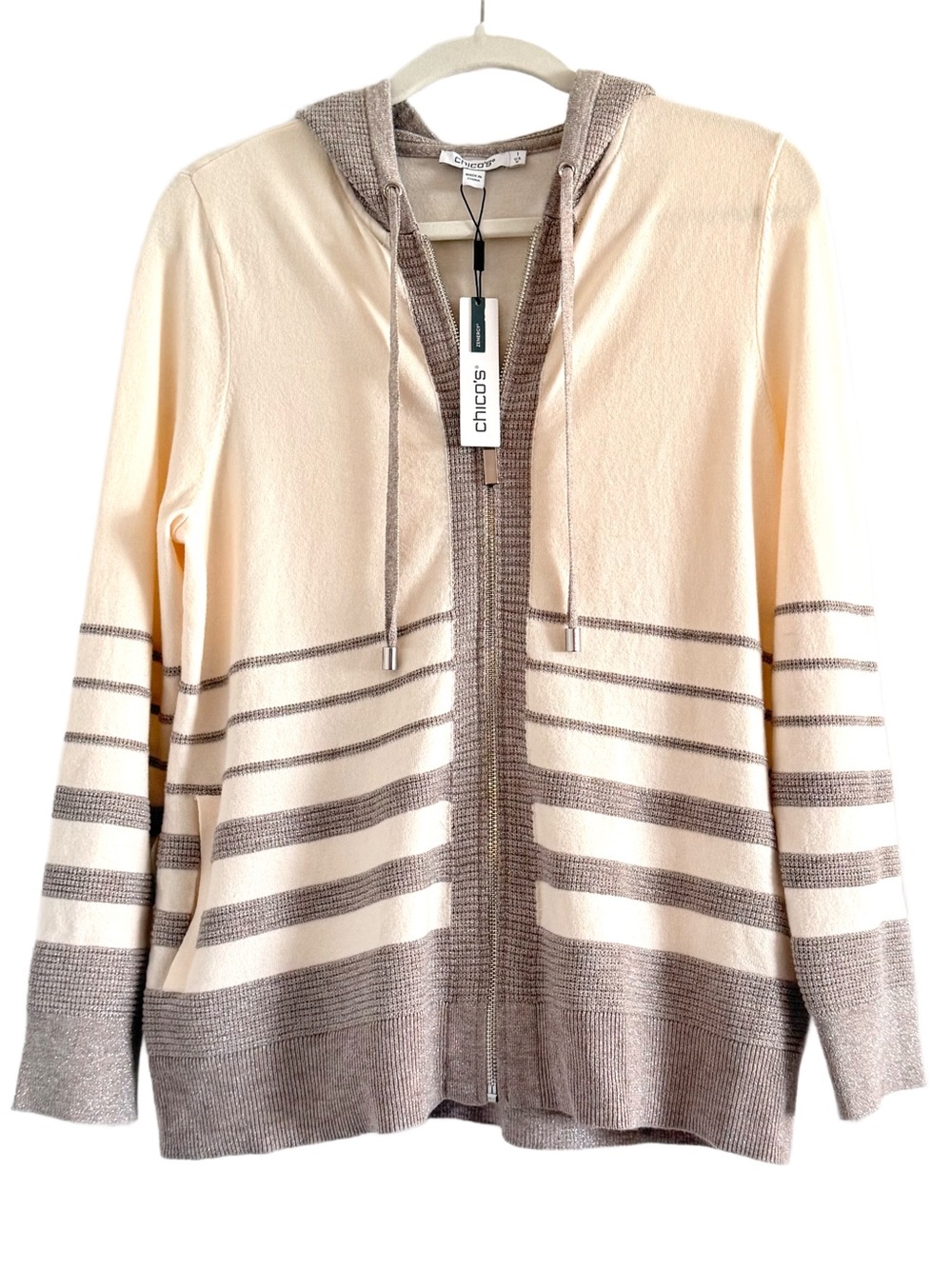 Chico's Zenergy Luxe Cream and Taupe Metallic Striped Sweater Medium